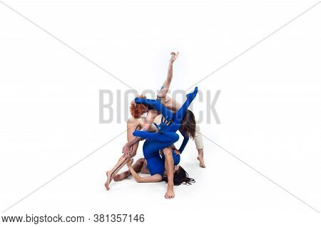 Flexible. Group Of Modern Dancers, Art Contemp Dance, Blue And White Combination Of Emotions. Flexib