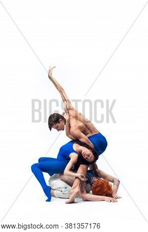 Flexible. Group Of Modern Dancers, Art Contemp Dance, Blue And White Combination Of Emotions. Flexib