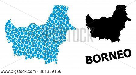Vector Mosaic And Solid Map Of Borneo Island. Map Of Borneo Island Vector Mosaic For Pure Water Ads.