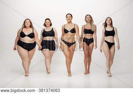 Inclusion. Portrait Of Beautiful Young Women With Different Shapes Posing On White Background. Happy