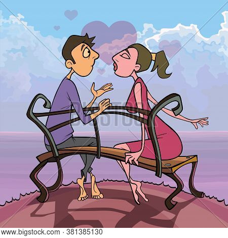 Cartoon Couple Talking About Love Sitting On Bench By The Sea