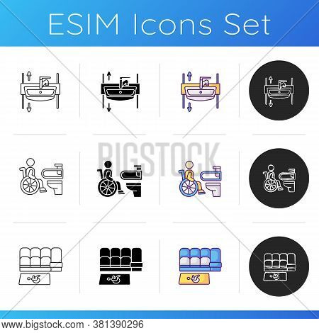 Public Facilities For Disabled People Icons Set. Adjustable Height Sink. Accessible Toilet. Accessib