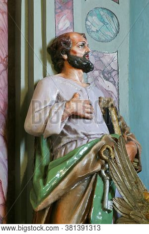 BRDOVEC CROATIA - SEPTEMBER 17, 2012: St. Peter's statue on the main altar at St. Vitus Church in Brdovec, Croatia