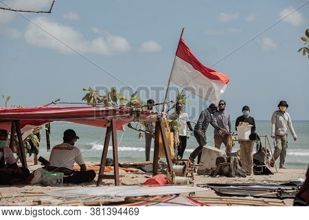 Bali, Indonesia August-17 Th 2020. Independence Day. Social Events On The Beach In Kuta. Kite Festiv
