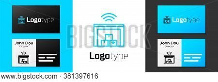 Blue Line Smart Warehouse System Icon Isolated On White Background. Logo Design Template Element. Ve
