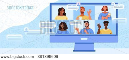 Video conference vector illustration with young diverse people on computer screen. Virtual meeting banner with students communicating online. Video conference or call background with copy space
