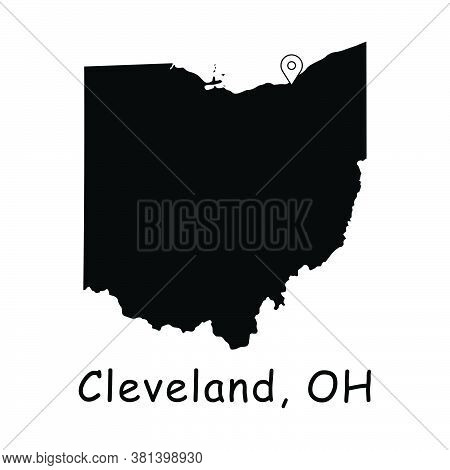 Cleveland On Ohio State Map. Detailed Oh State Map With Location Pin On Cleveland City. Black Silhou
