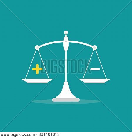 White Mechanical Scales With Plus And Minus In Pans. Value, Solution And Rationality Balance.