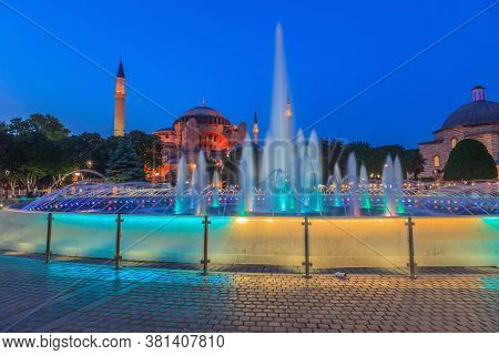 Illuminated Hagia Sophia With Fountain In The Evening