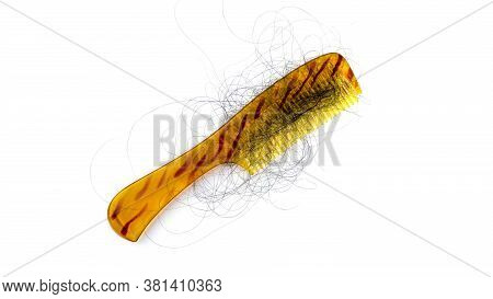 Golden Comb With Stripes And Hair Fall As Well As Dandruff. Phots Demostration Of Hair Loss While Co