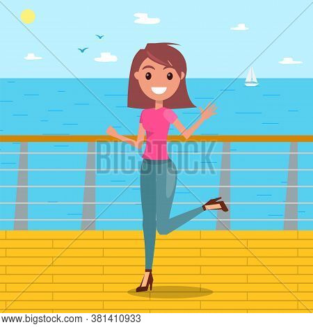 A Young Smiling Girl On High Heels Walks Along The Seafront. Woman Posing On A Sea Background. Moder