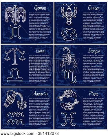 Gemini And Cancer, Libra And Scorpio, Aquarius And Pisces Astrology Zodiac Horoscope Signs Hand Draw