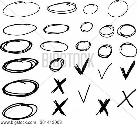 Set Of Hand Drawn Circles, Crosses And Okay Mark. Vector Round Circles For Highlighting Messages, No