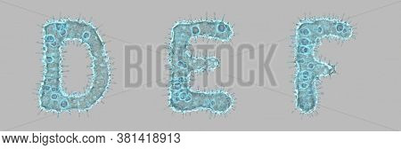 Set of letters made of virus isolated on gray background. Capital letter D, E, F. 3d rendering. Covid font 3d