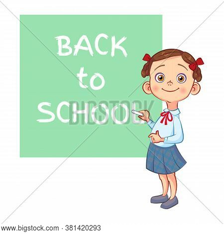 Cute Smiling Girl In School Uniform Chalk Writes Phrase 
