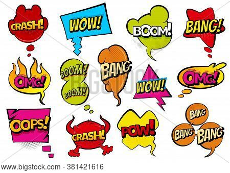 Comic Colored Hand Drawn Speech Bubbles. Set Retro Cartoon Stickers. Funny Design Vector Items Illus
