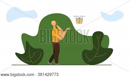 Man Talking Smartphone Picks Up The Parcel Delivered By The Drone. Drone Delievery Concept. Vector I