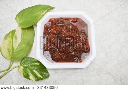 Indian And Pakistani Alubukhara Or Plum Pickle Jam Sweet Tangy Little Spicy Chutney Served In White 