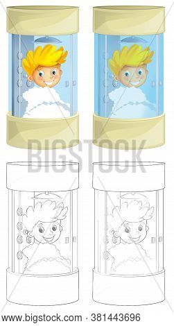 Cartoon Sketch Scene With Boy In The Shower Cabin - Smiling And Washing