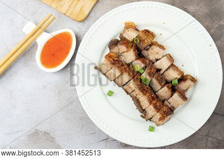 Oriental Roast Pork Belly Or Char Siew On White Plate