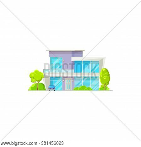 Facade Of Modern Luxury Patio, Garage And Parked Cars, Green Trees. Vector Chalet Country House, Con
