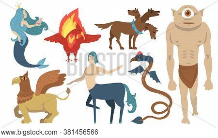 Mythical Creatures Characters Set. Flying Lion, Cyclops, Griffin, Centaur, Mermaid, Cerberus. For Gr