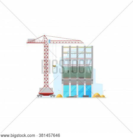 Tall Office Building Construction Isolated Facade And Lifting Crane Icon. Vector Machinery And Stop 