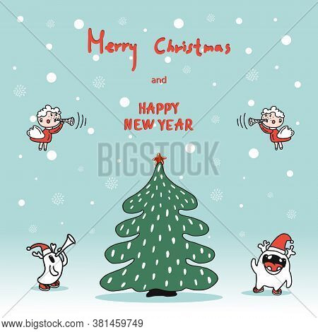 Greeting Christmas And New Year Card With Cute Doodle Characters And Tape Recorder On Background Of 