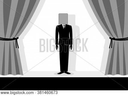 Business Concept Vector Illustration Of A Businessman Wearing Paper Bag On His Head On The Stage, Em