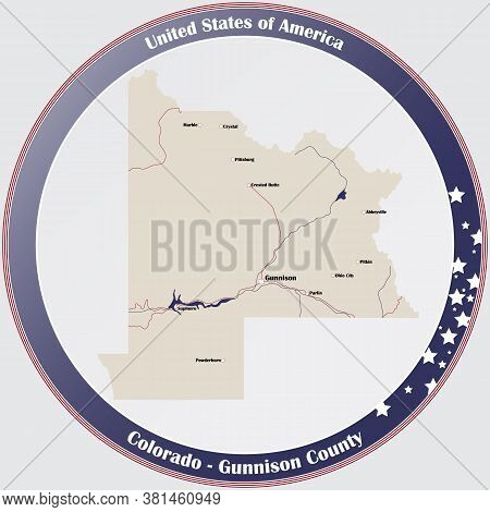 Round Button With Detailed Map Of Gunnison County In Colorado, Usa.