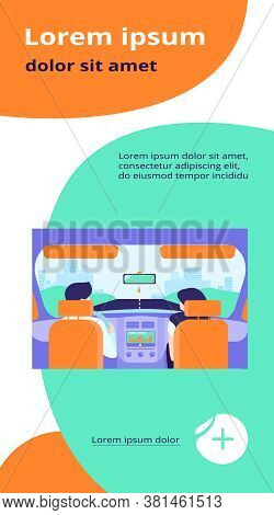 Couple Riding Vehicle. Back View Of Driver And Passenger Inside Car Interior. View From Backseat. Ve