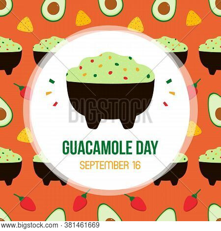 Guacamole Day Vector Card, Illustration With Cute Cartoon Guacamole Dip And Vegetables Seamless Patt