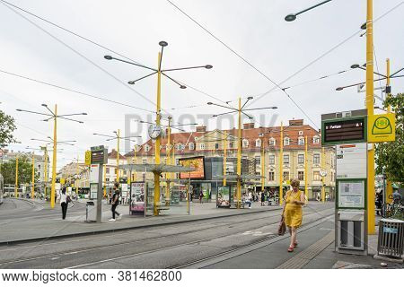 Graz, Austria. August 2020.  The Tram  Stops In Jakominiplatz