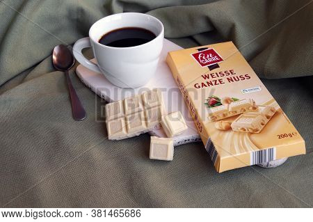 Kharkov, Ukraine - February 10, 2020: Fin Carre, Weisse Ganze Nuss German White Chocolate Bar With W