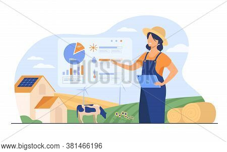 Happy Female Farmer Working On Farm To Feed Population Flat Vector Illustration. Cartoon Farm With A