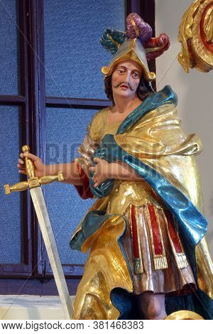 KLANJECKO JEZERO, CROATIA - NOVEMBER 06, 2013: Saint Martin, statue on high altar in chapel of Saint George at the Lake in Klanjecko Jezero, Croatia