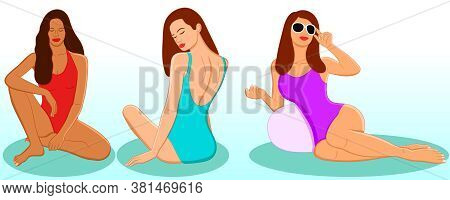 Set Of Sexy Young Women In Swimsuit Sitting, Lying And Chilling At The Beach. Colorful Flat Cartoon 