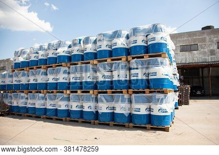 Rostov-on-don, Russia. 08.08.2020. Engine Oil In Gazprom Neft Barrels Are Stored In Several Rows In 