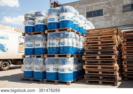 Rostov-on-don, Russia. 08.08.2020. Engine Oil In Gazprom Neft Barrels Are Stored In Several Rows In 