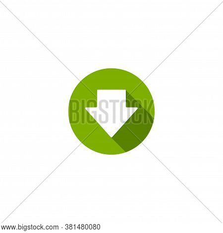 White Rounded Arrow Down With Shadow In Green Circle Icon. Flat Download Sign Isolated On White.