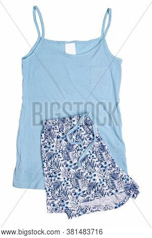 Night Gown Isolated. Close-up Of Blue Female Cotton Sexy Nightwear Summer Set Of Shorts And A Top Wi
