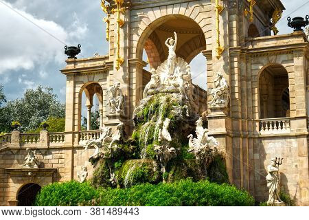 Statue On Monumental Cascade Fountain In Barcelona Called 