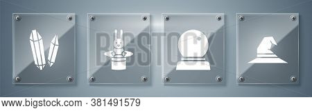 Set Witch Hat, Magic Ball, Magician Hat And Rabbit And Magic Stone. Square Glass Panels. Vector