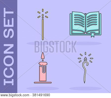 Set Magic Staff, Magic Wand, Burning Candle In Candlestick And Ancient Magic Book Icon. Vector