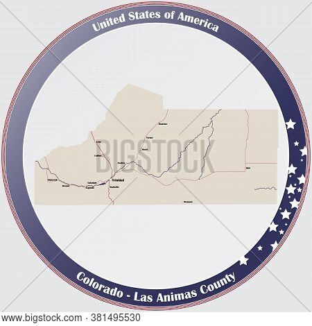 Round Button With Detailed Map Of Las Animas County In Colorado, Usa.
