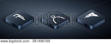 Set Isometric Clamp Tool, Electric Hot Glue Gun And Pliers Tool Icon. Vector