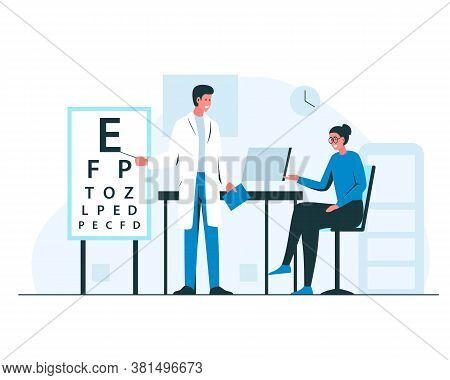 Ophthalmologist Appointment Interior. Vector Concept Illustration Of Male Doctor Oculist In The Cabi