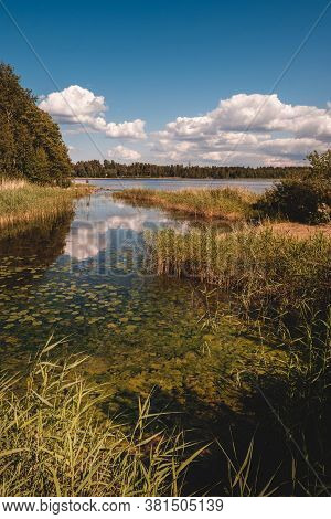 Vuoksa River Near Imatra In The Leningrad Region, Russia. Coastline With Pine Forest Reflected In Vu