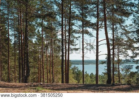 Vuoksa River Near Imatra In The Leningrad Region, Russia. Coastline With Pine Forest Reflected In Vu