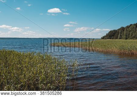 Vuoksa River Near Imatra In The Leningrad Region, Russia. Coastline With Pine Forest Reflected In Vu